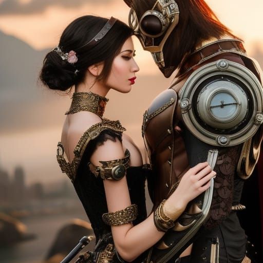 Minotaur and Woman Embrace in Steampunk Dystopia
