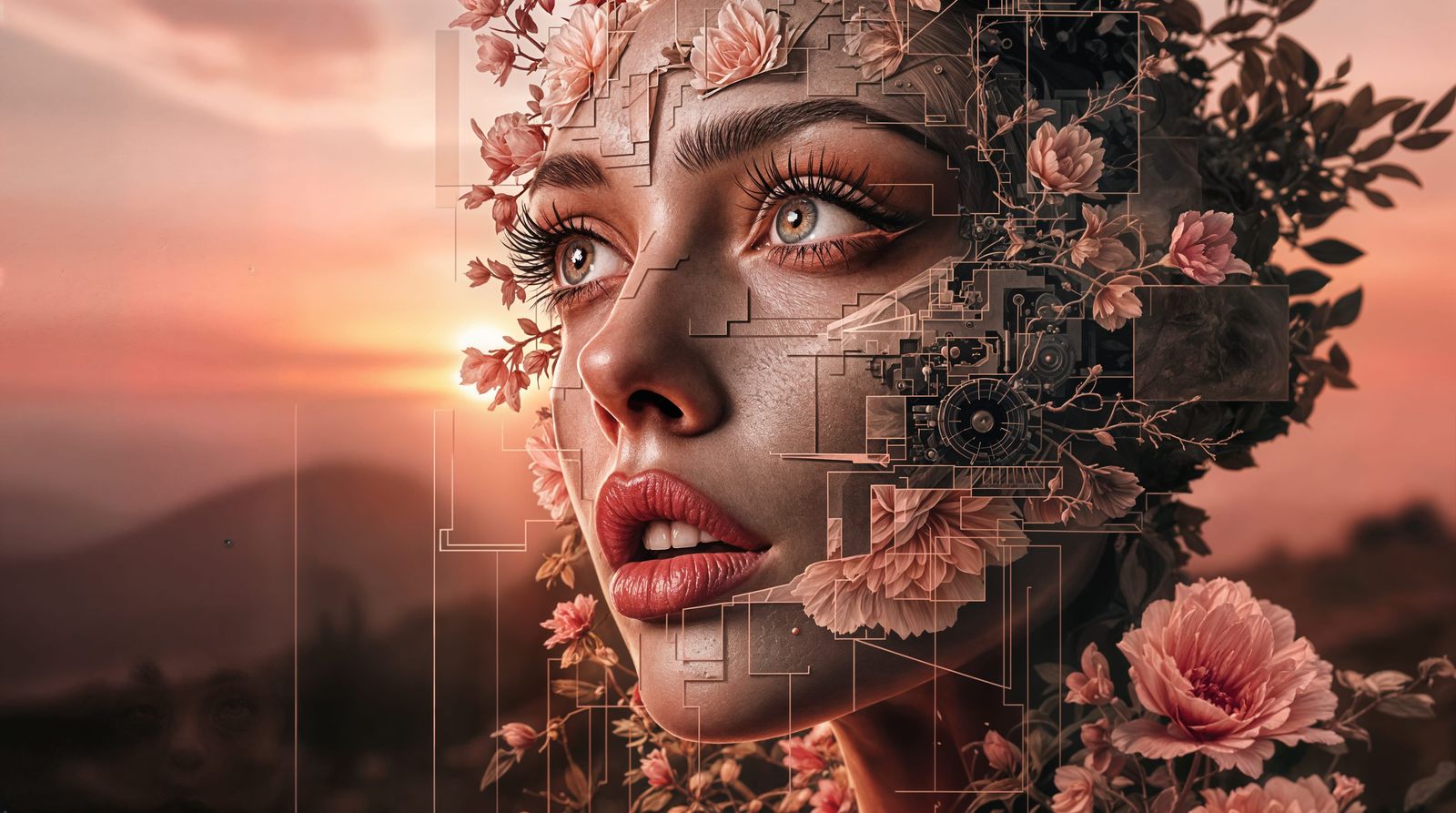 Surreal Biomechanical Portrait in Dreamlike Whirl