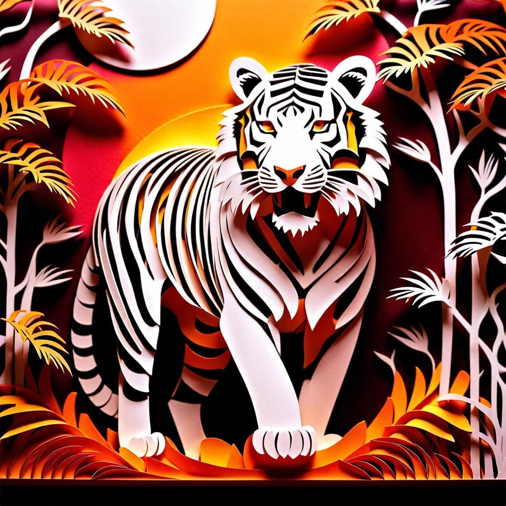 Kirigami Tiger in Paper Jungle, Detailed Papercut Art