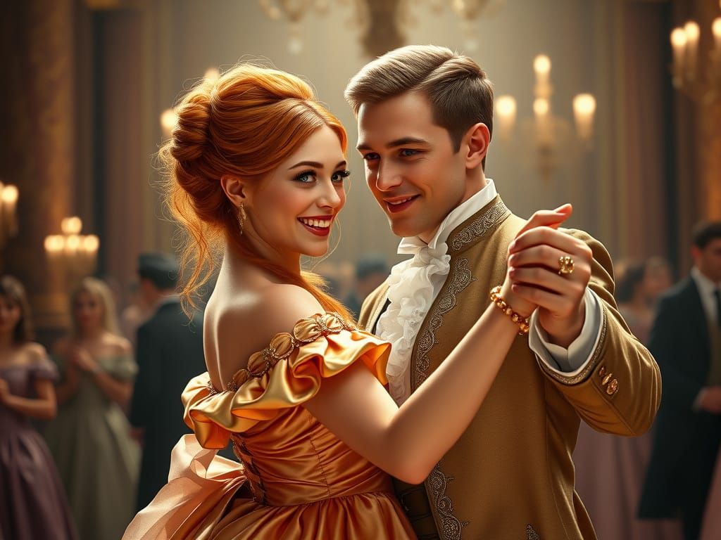 Regal 1812 Era Couple in Elegant Ball Gown and Grand Finery