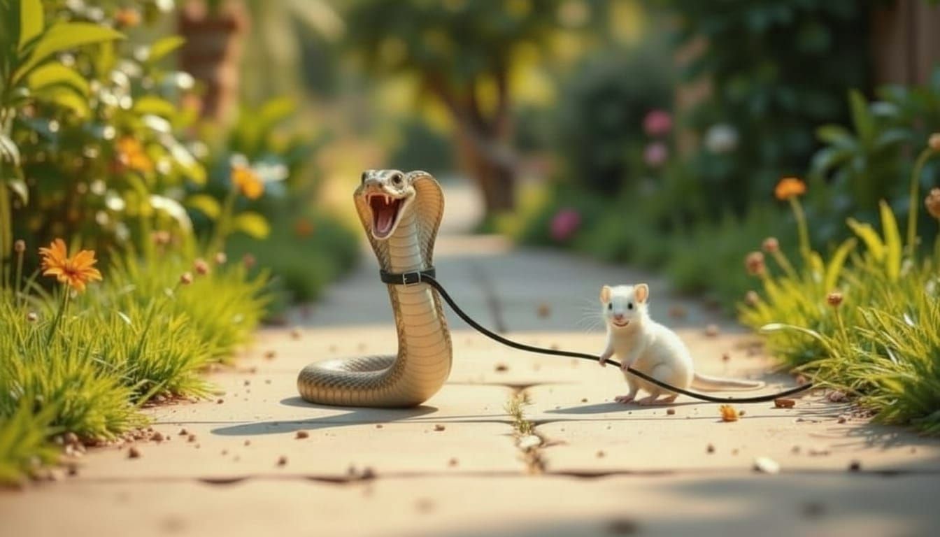 Cobra Snake Walks with Mouse Companion