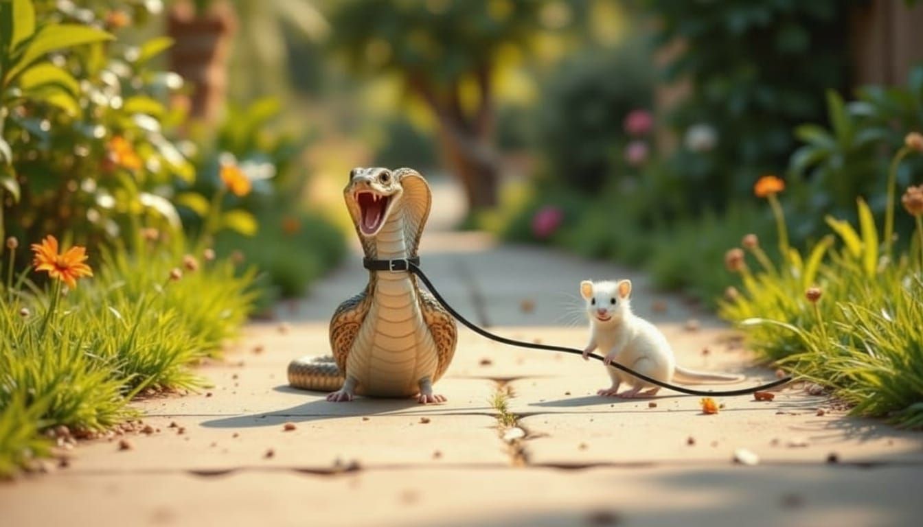 Cobra Snake Walks with Mouse Companion