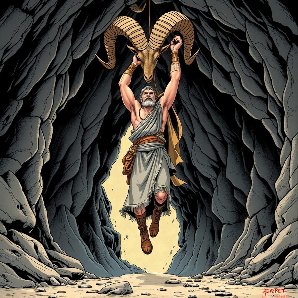 Greek Explorer Ascends from Cave in Comics Style