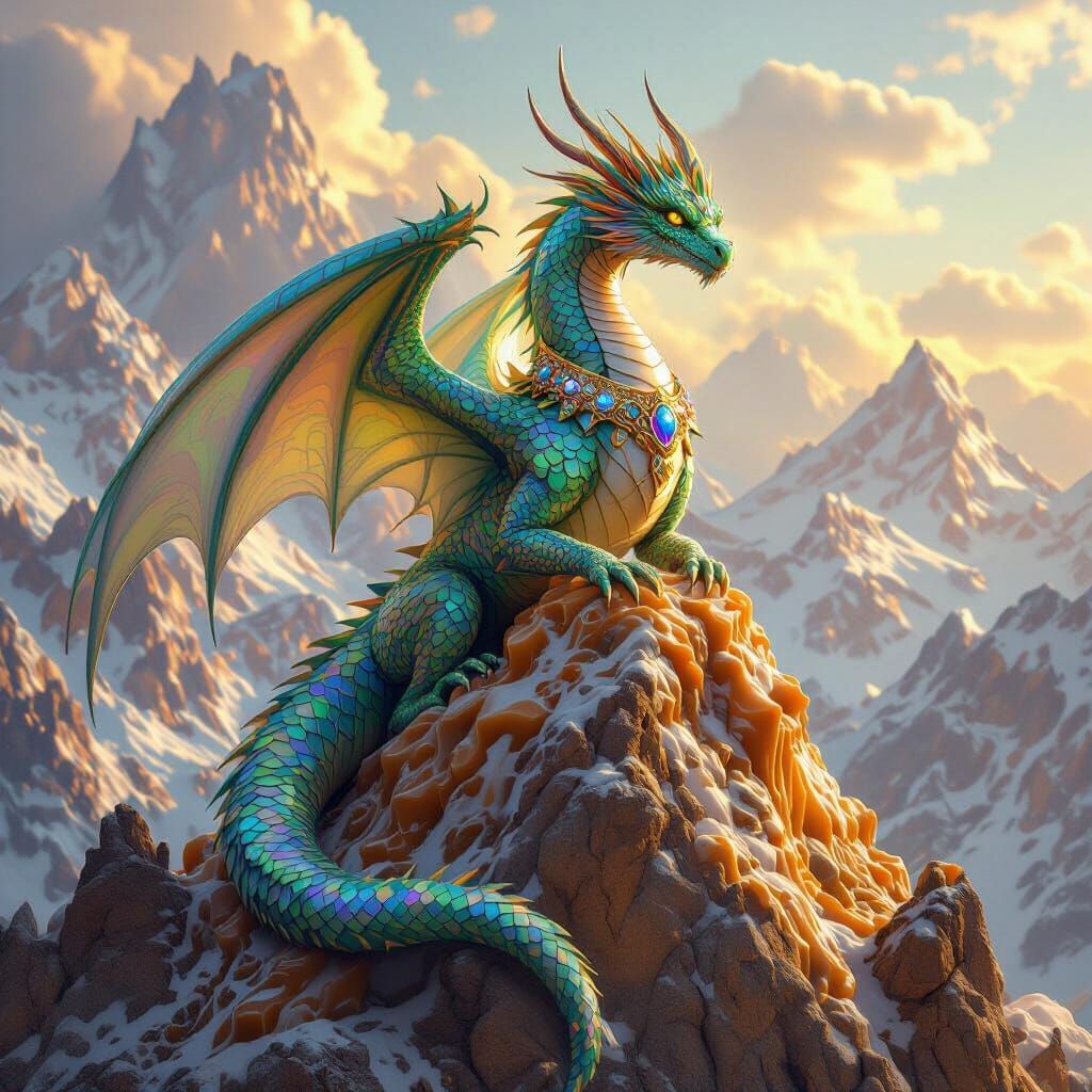 Majestic Dragon on Golden Nougat Mountains in Fantasy Art St...