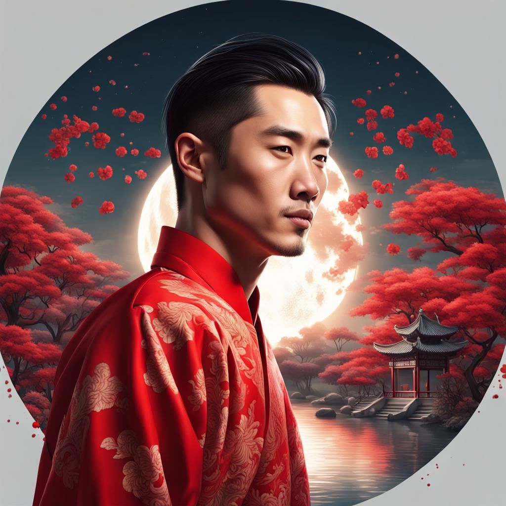 Chinese Man in Red Clothes by Moonlit Garden