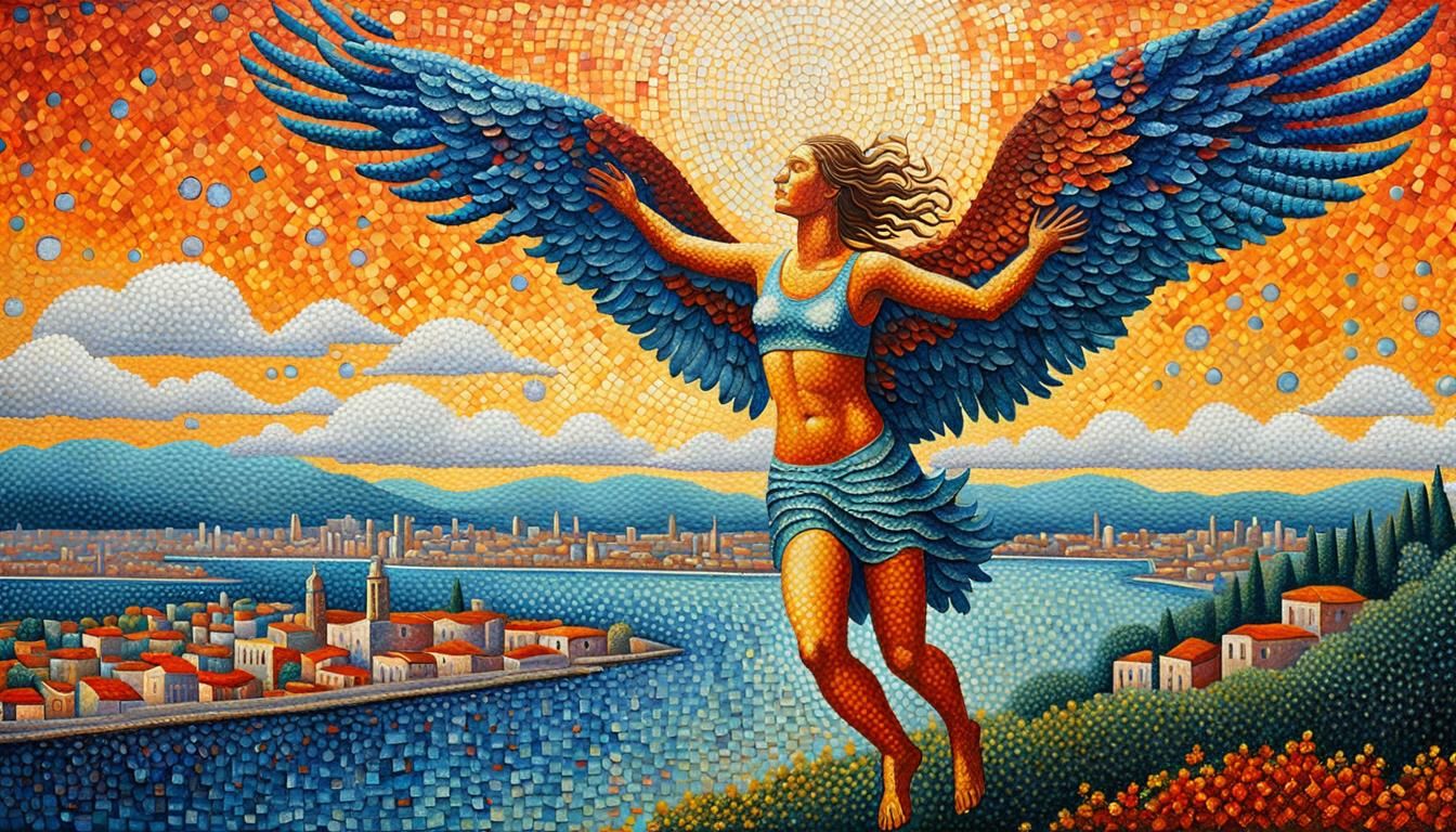 Icarus and Woman in Pointillist Art Deco Style