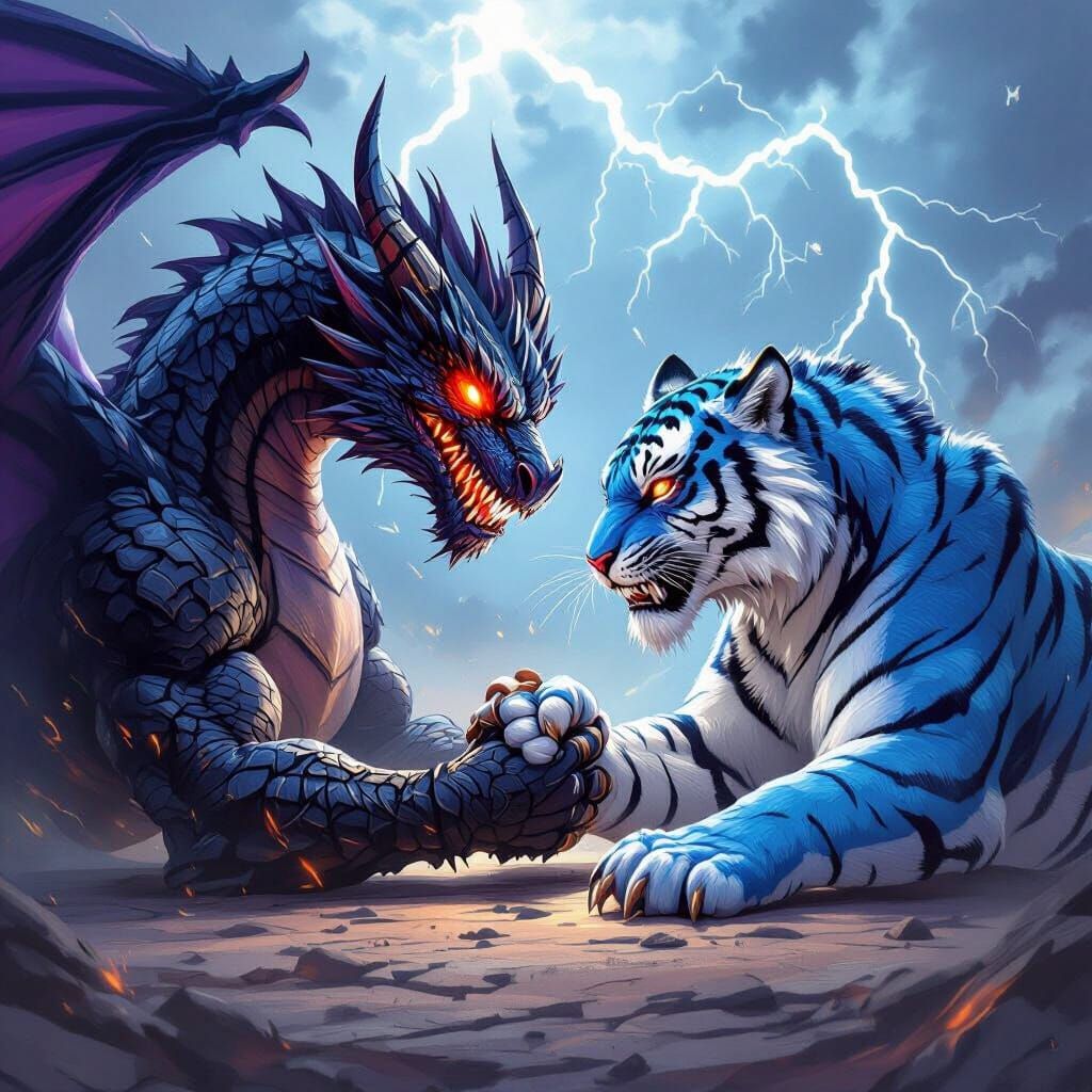 Dragon vs Tiger Arm-Wrestling in Stormy Fantasy Art