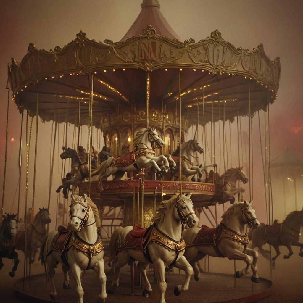 Carousel in Red Fog: A Cinematic Film Still