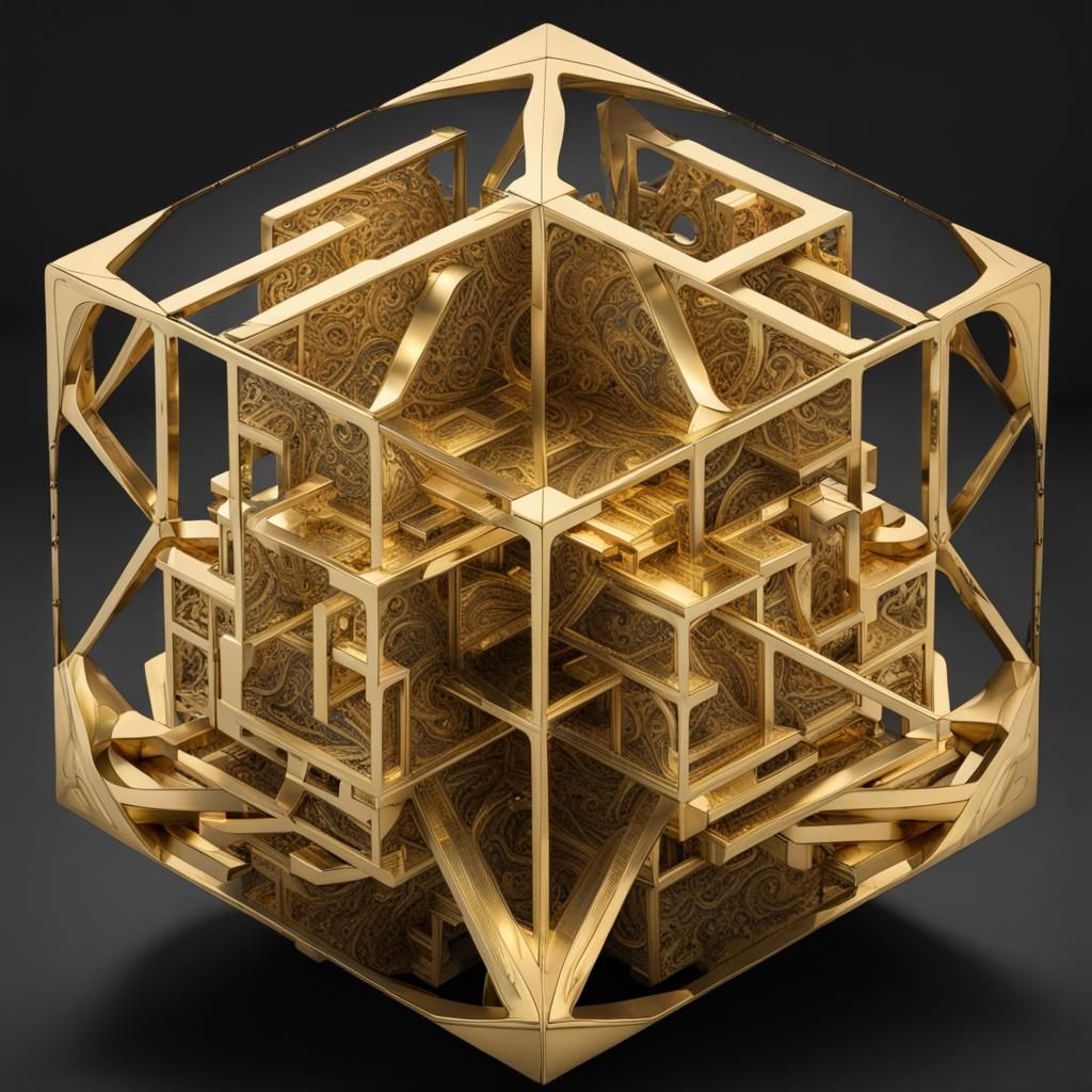 Giant Floating Brass Cube in Hyperdetailed Style