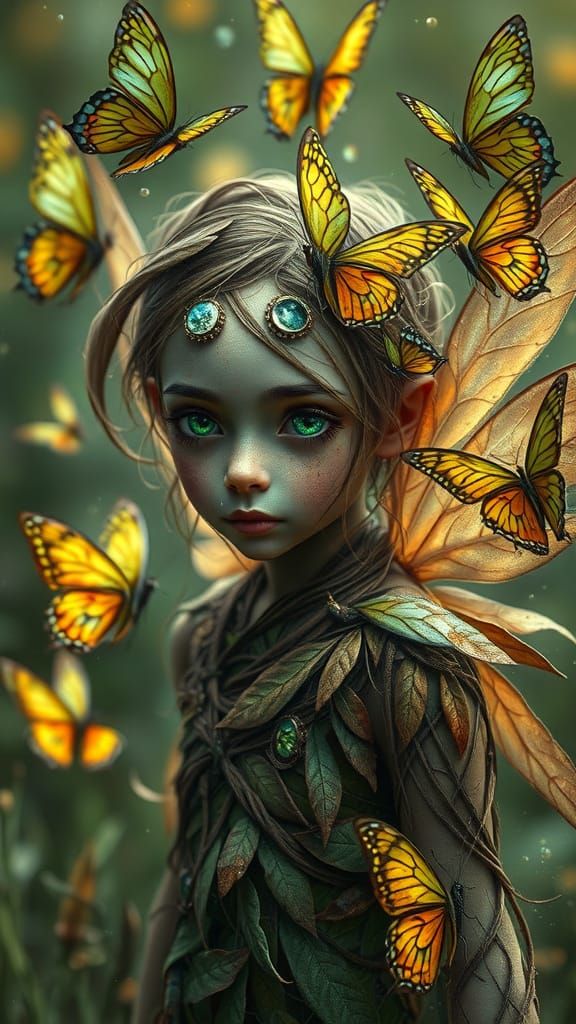 Enchanted Woodland Fairy with Leafy Skin and Butterfly Halo