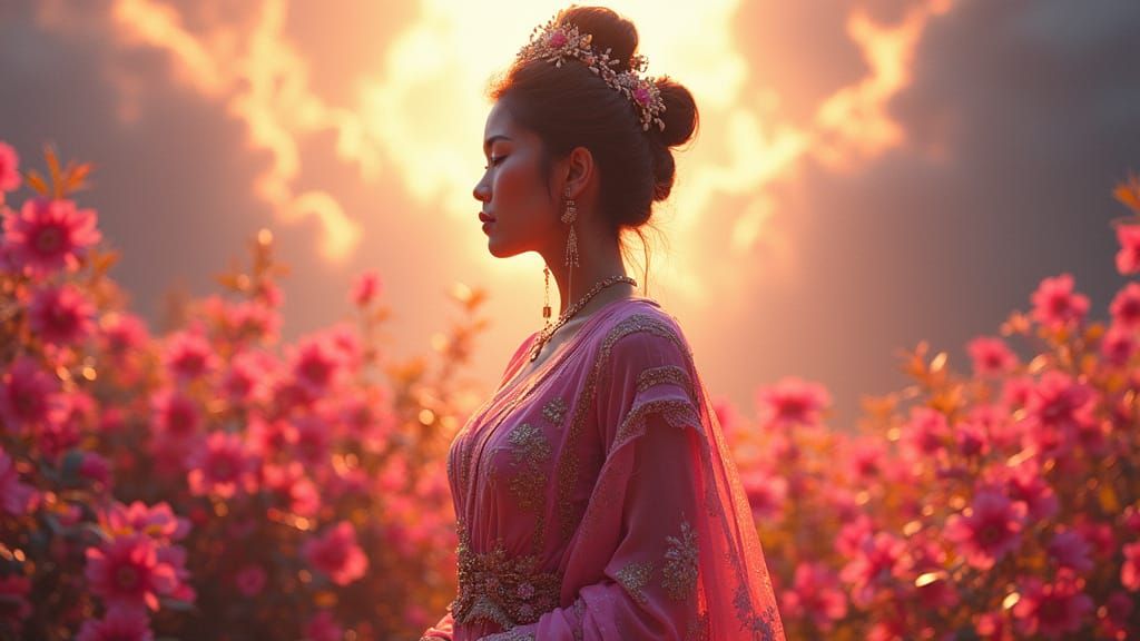 Burmese Princess in Neon Garden, Divine Sunshine Beams