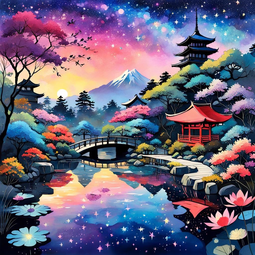 Iridescent Japanese Garden Sunset in Gouache Style
