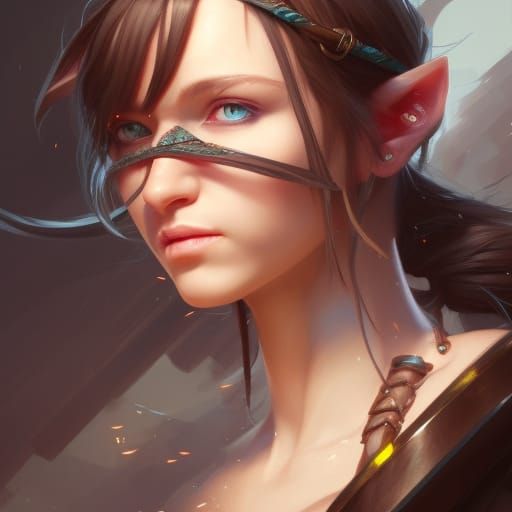 Detailed Elf Archer Portrait in Art Nouveau Style