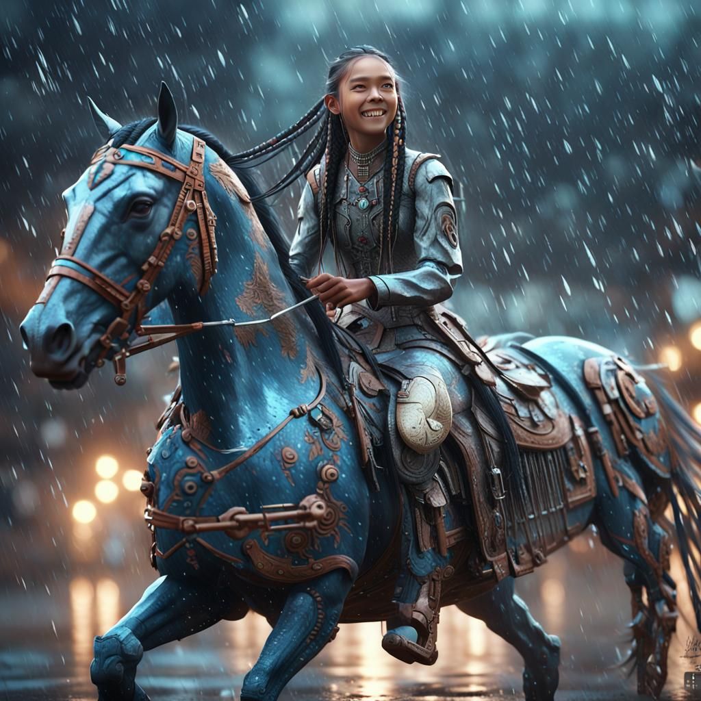 Laughing Girl on Horse in Sci-Fi Rain