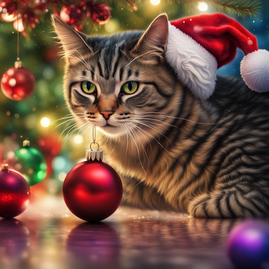 Festive Cat with Santa Hat Watercolor Painting