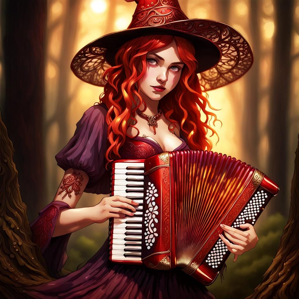 Backlit Forest Witch with Accordion in Fractal Light