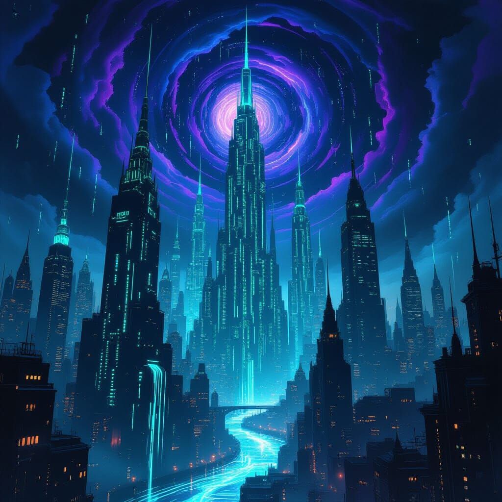 Dark Fantasy Cityscape of Binary Code Skyscrapers