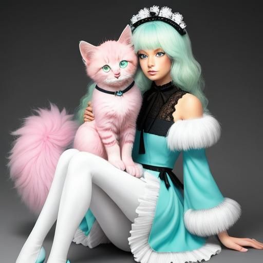 Pink Kitten with Turquoise Eyes on Girl's Head