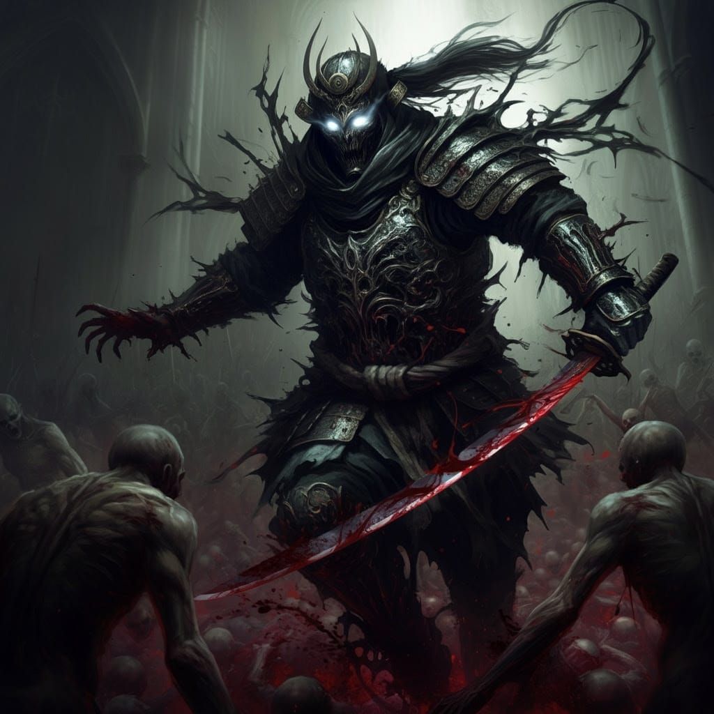 Samurai in Twisted, Darkly Ornate Plate Armor Charges Forwar...