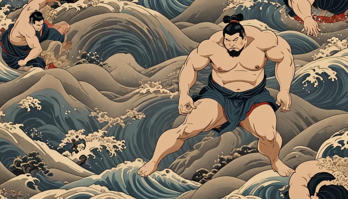 Sumo Wrestlers in Ukiyo-e Style Woodblock Print