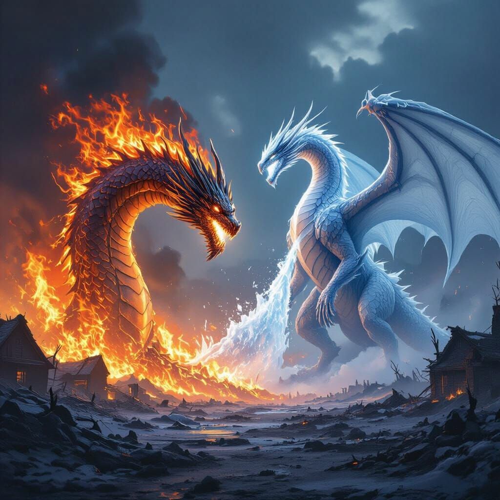 Ice Dragon Defeats Fire Dragon in Ruined Landscape