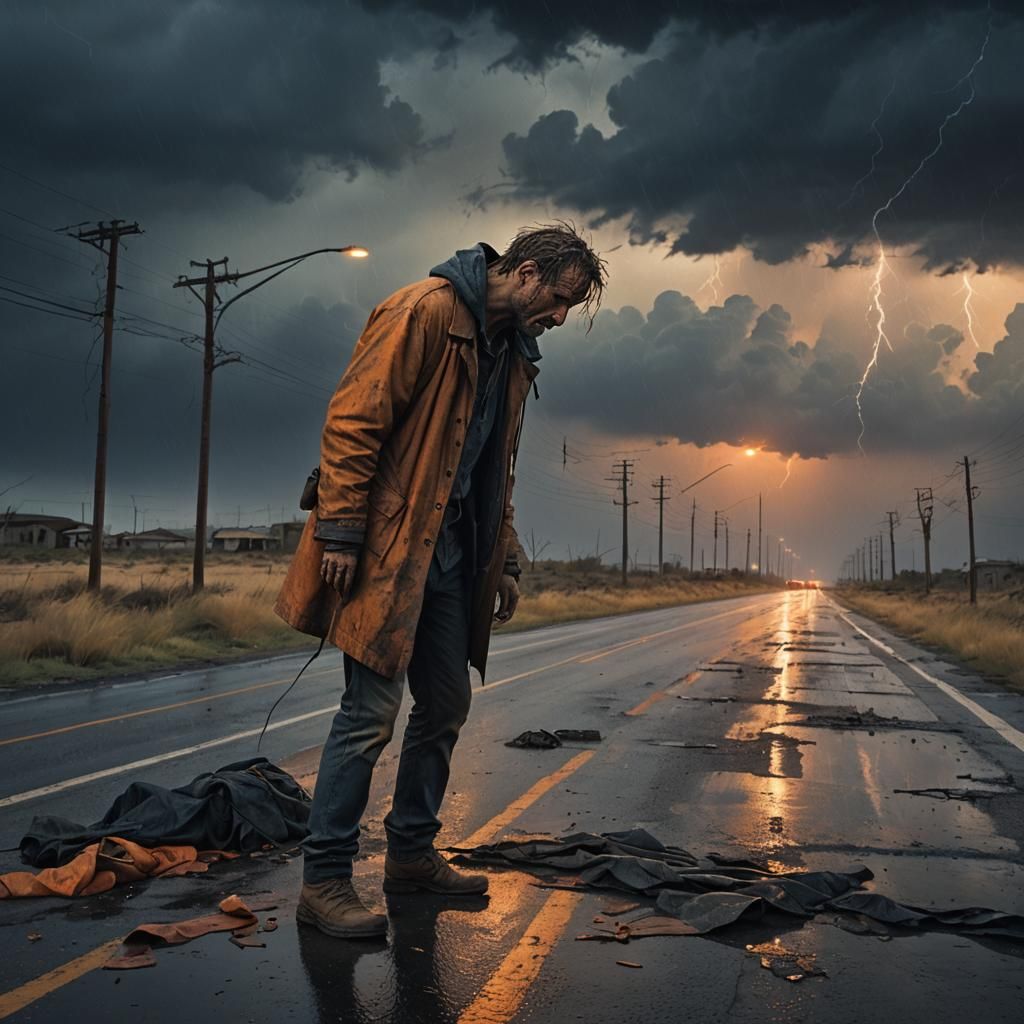 Desolate Weeping Man on Highway, Cinematic Still