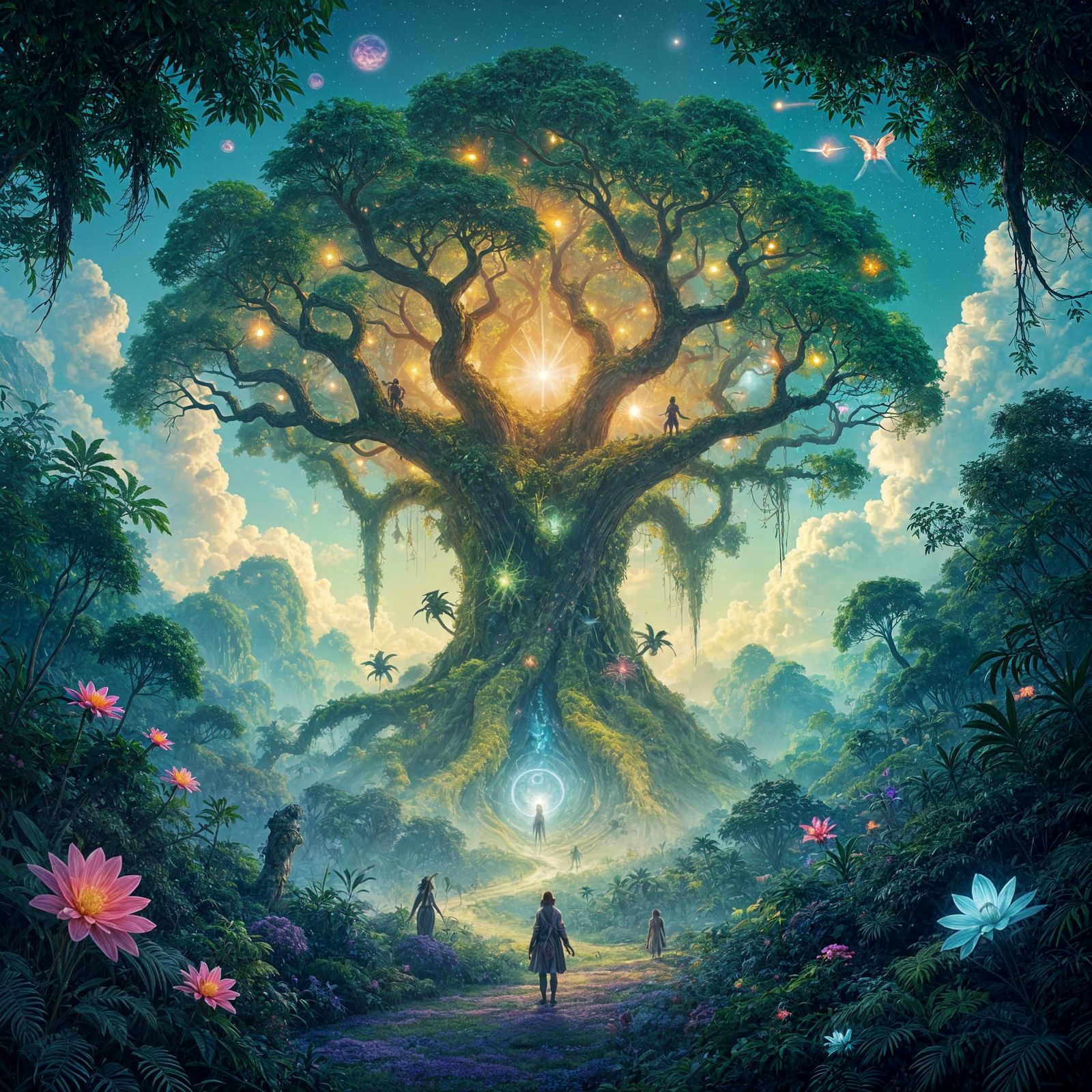 Alien Jungle with Glowing Flora and Cosmic Tree