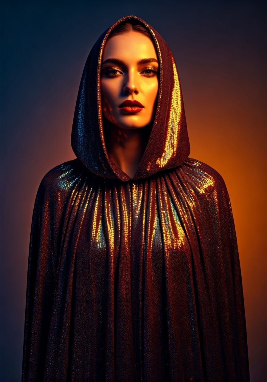 Sequined Cape Fashion Model in Hyperrealistic Style