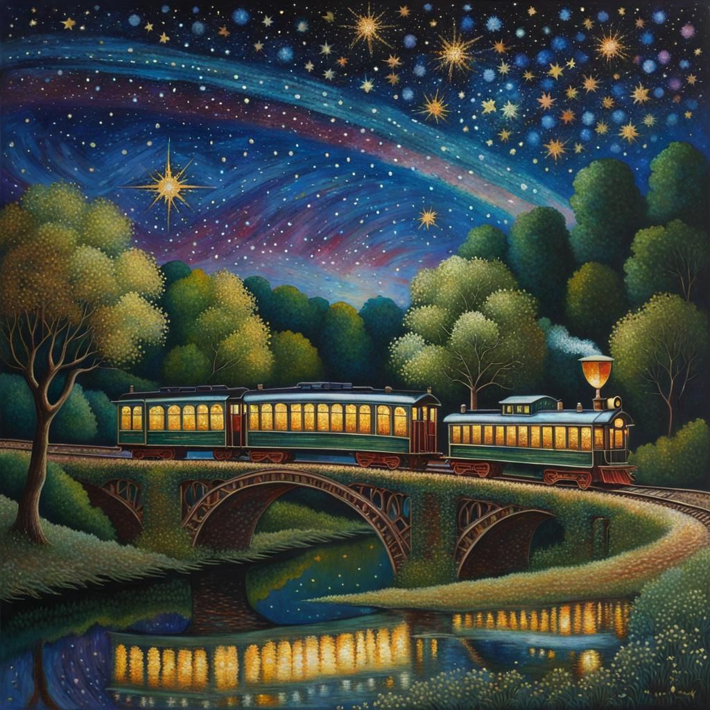 Antique Train Under Stars in Pointillist Surrealism