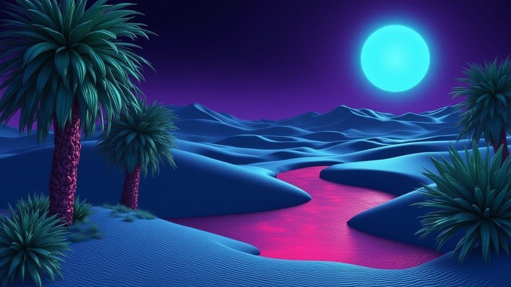 Turquoise Desert Landscape with Red Waterfall and Neon Palms
