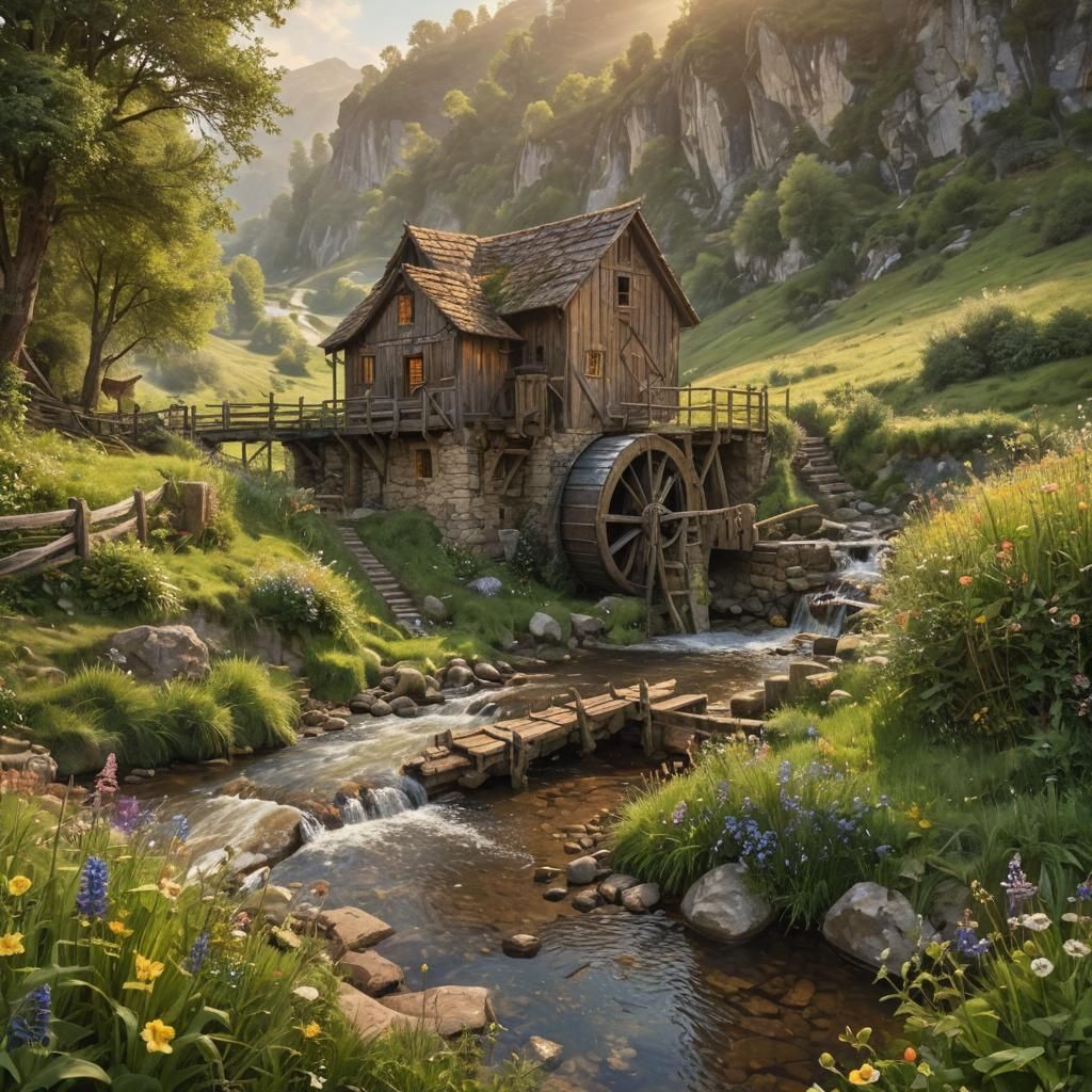 Rustic Watermill in Fantasy Valley Painting