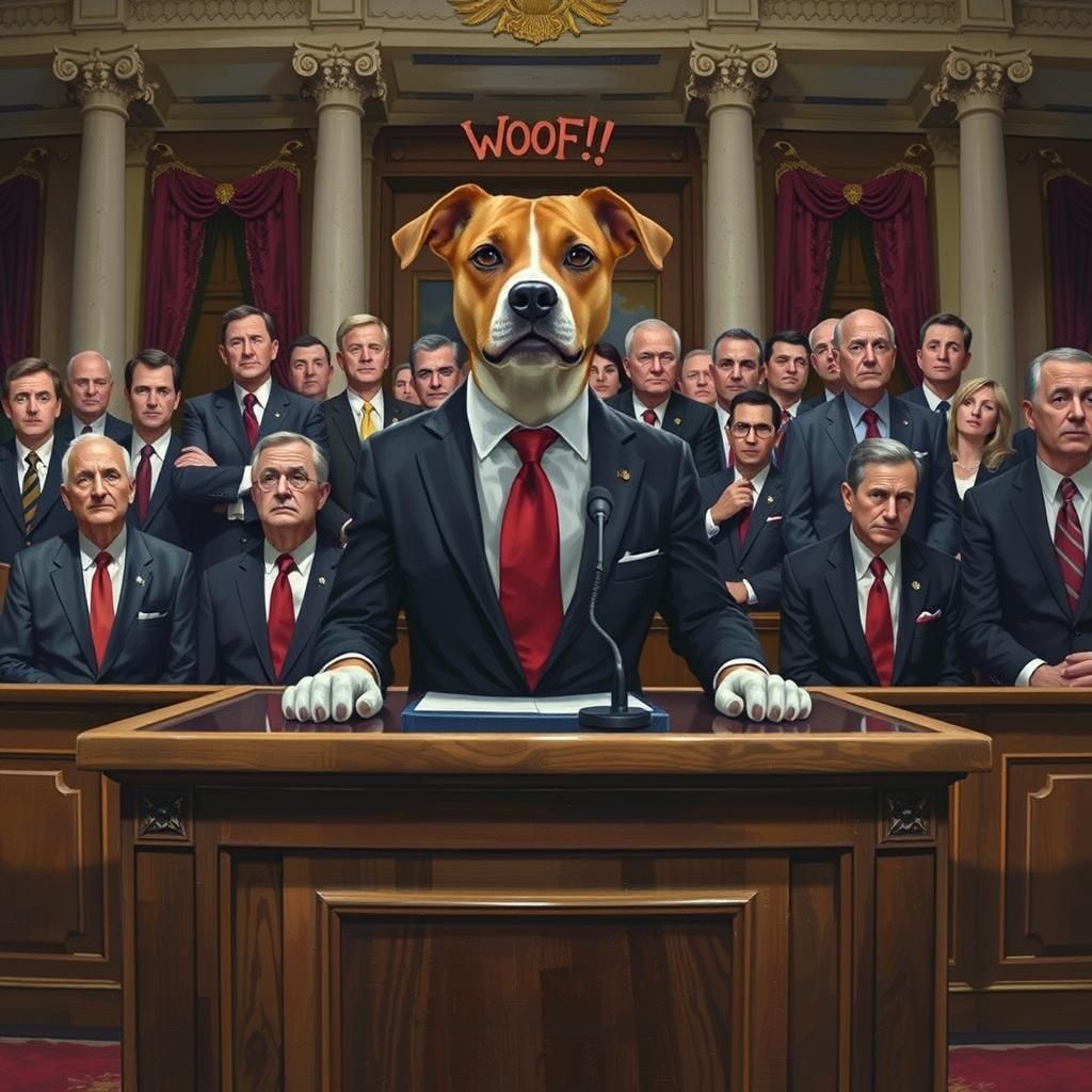 Dog Giving Speech as Hyperrealistic Splash Art