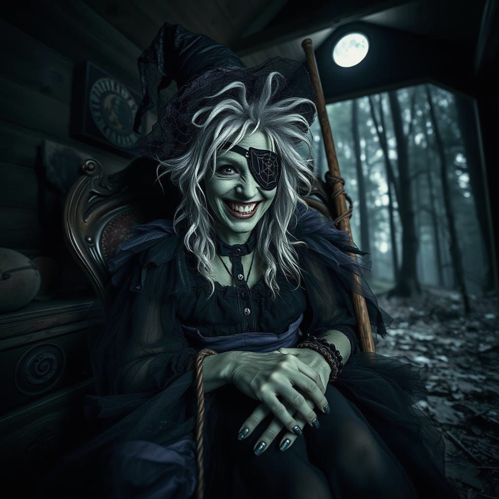 Eerie Forest Witch in Dark Surrealist Style