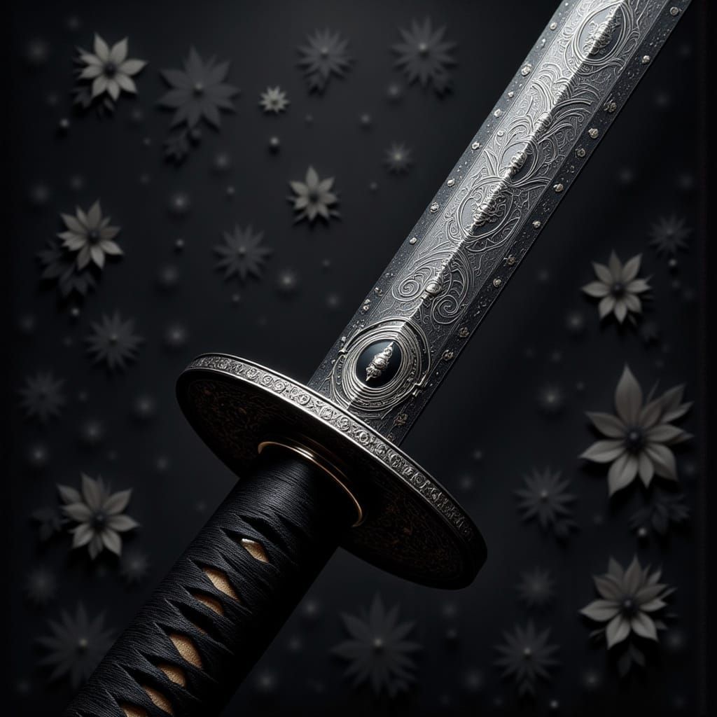 Black Katana with Silver Etchings