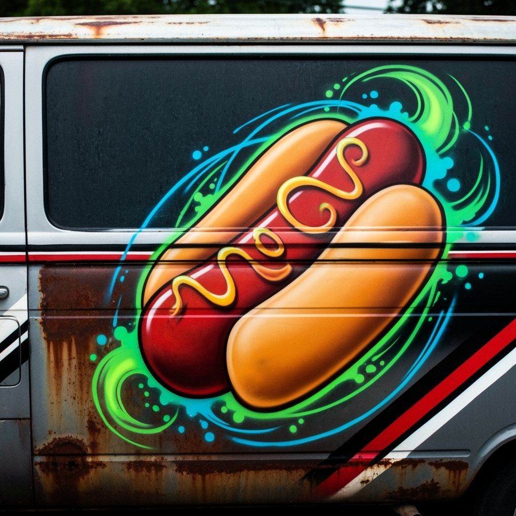 Vibrant Airbrush Hotdog Art on Vintage Van