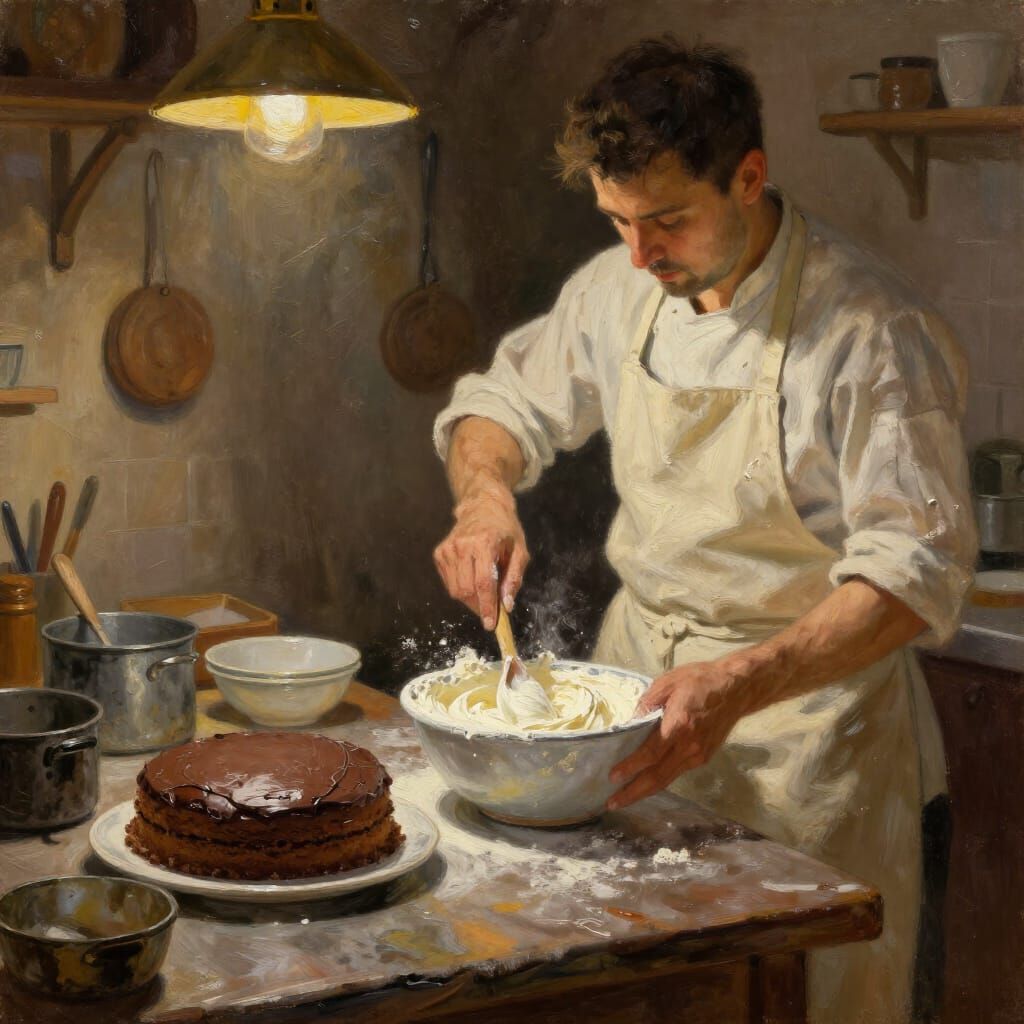 Chef Baking in Rustic Kitchen Oil Painting