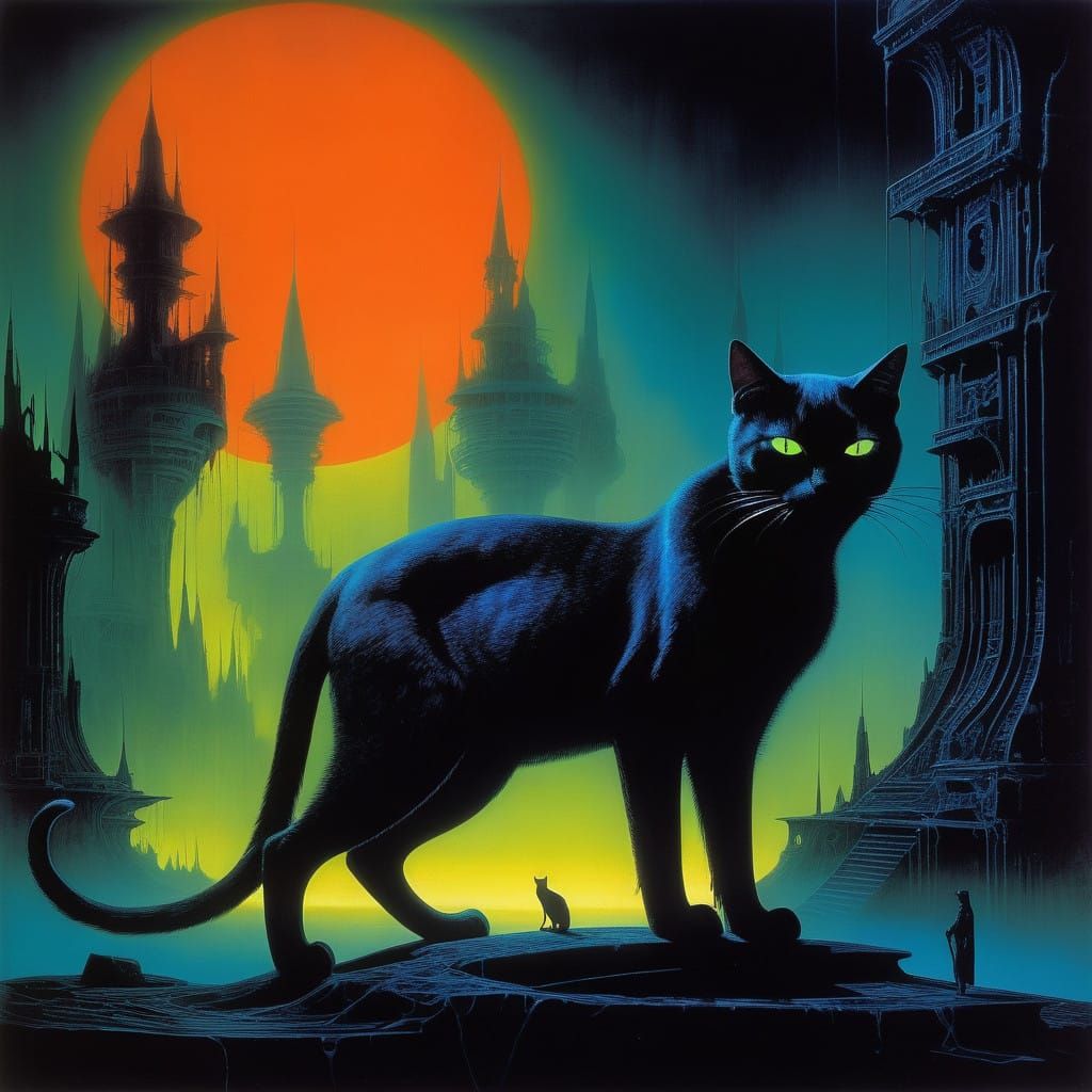 Neon Black Cat Enters Haunted Mansion Under Black Light