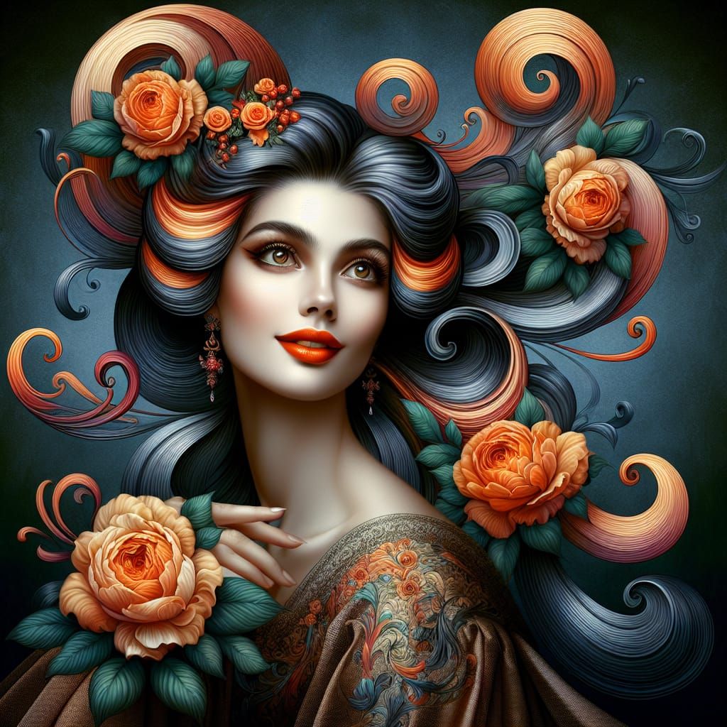 Elegant Woman in Art Nouveau Style with Vibrant Roses