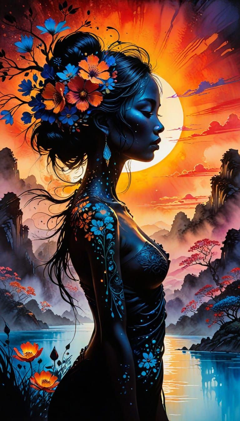 Surreal Silhouette Art in Vibrant Tribal Style