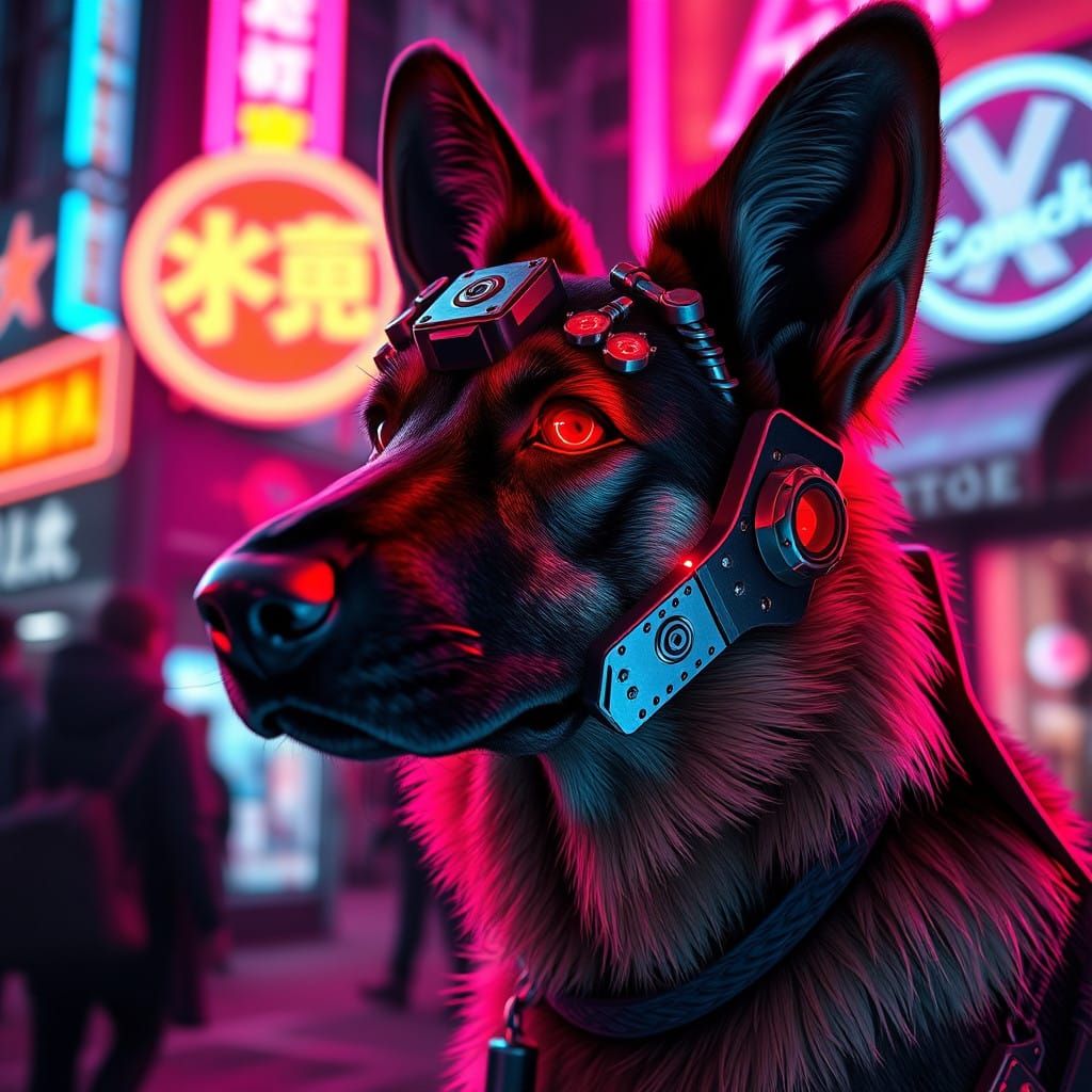 Cyberpunk German Shepherd in Neon Lit Cityscape