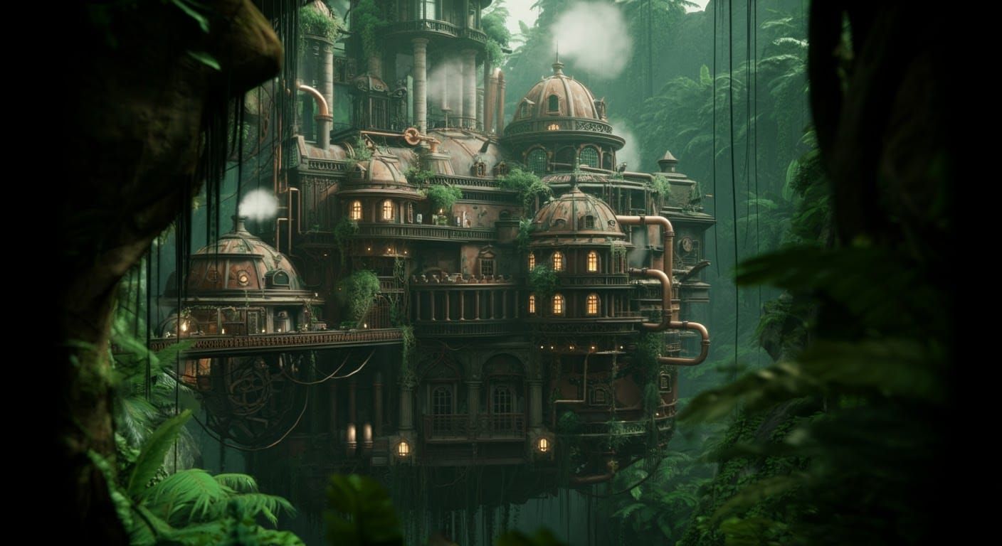 Roman Steampunk Metropolis in Tropical Jungle: Anime Art