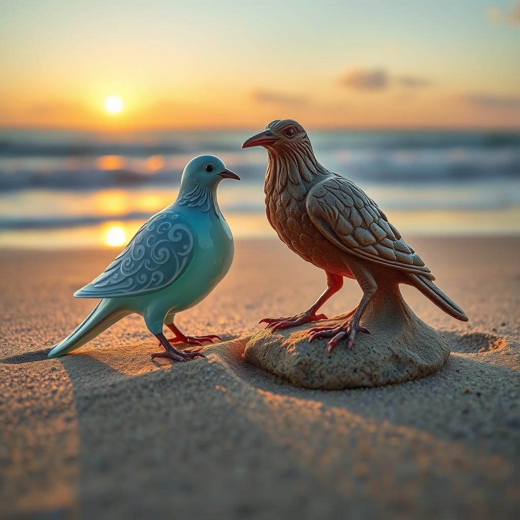 Enameled Glass Dove and Sand Crow at Sunset