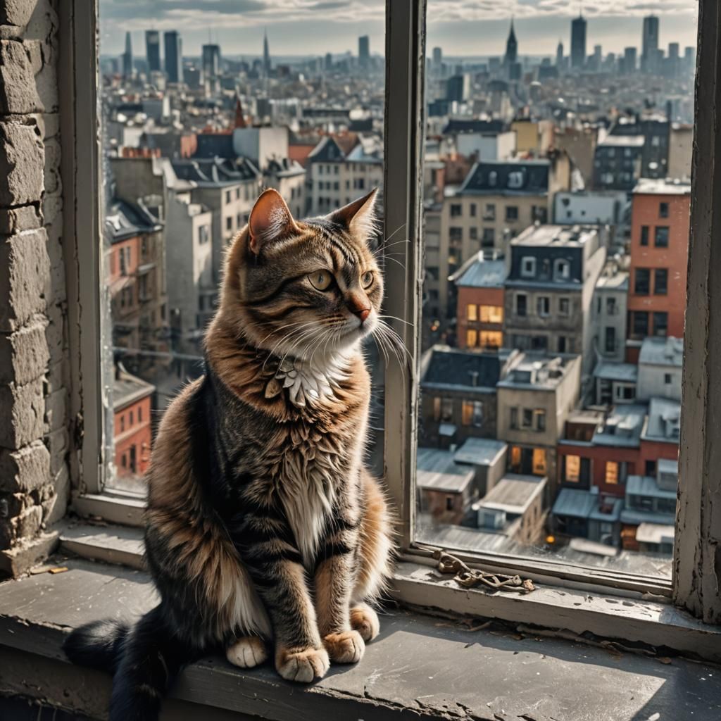 Hyperrealistic Cat Gazing Out Window at City