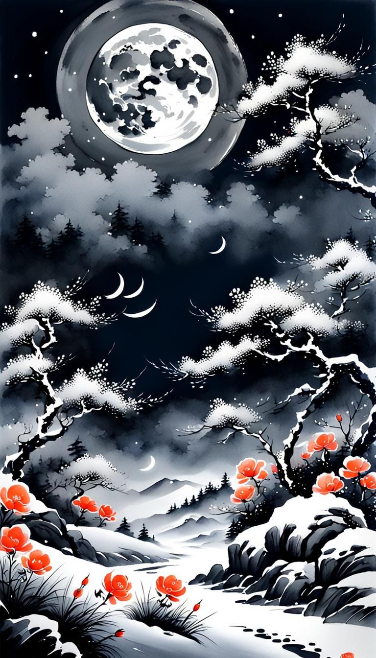 Chinese Ink Painting of Wind, Flowers, Snow, Moon