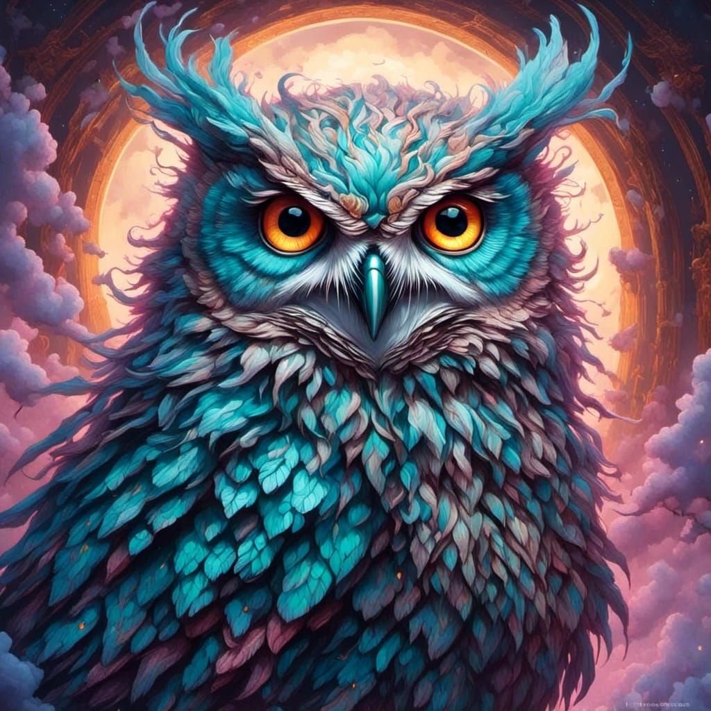 Owl Soaring Through Clouds in Oil Painting Style