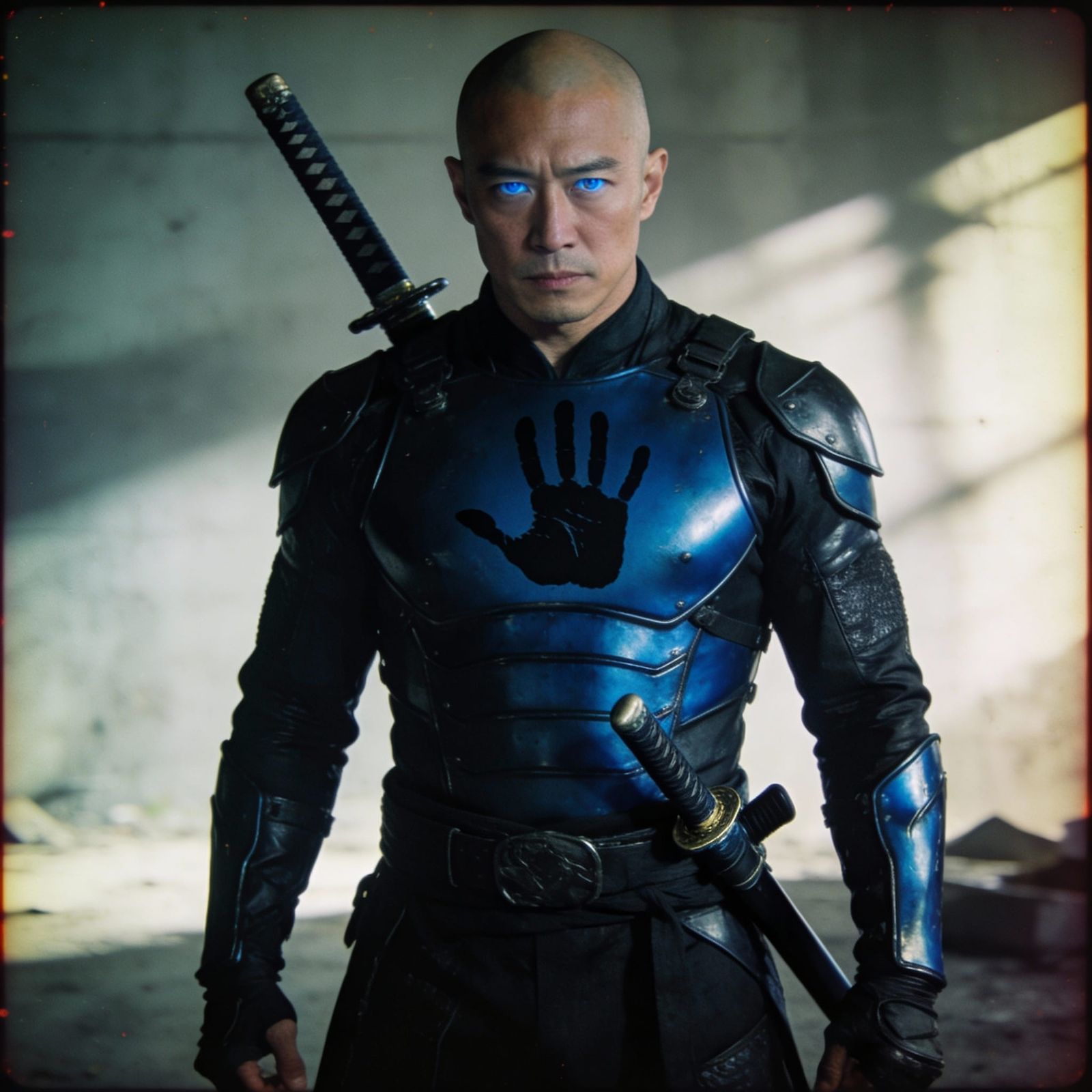 Asian Assassin in Black and Blue Leathers with Katana