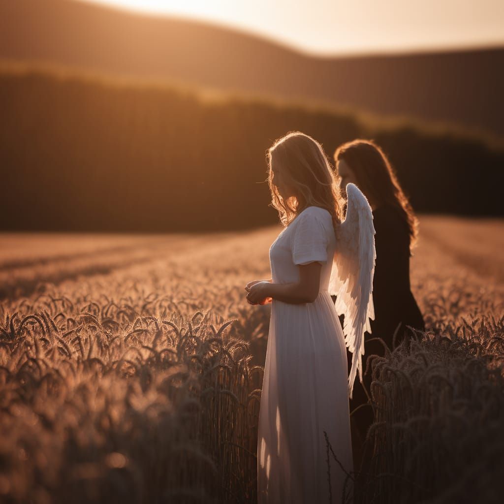 Golden Hour Angel in Wheat Field with Shadowy Protector