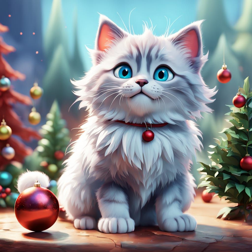 Fluffy Kitten Holding Christmas Ornament in 3D Watercolor St...