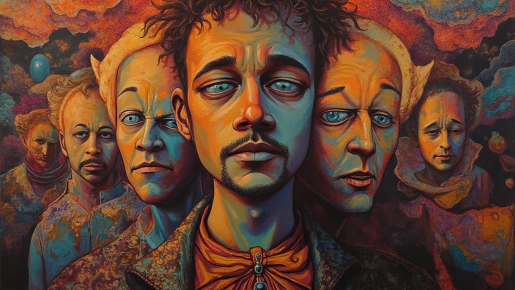 Surreal Man With Four Faces in Psychedelic Prog-Rock Style