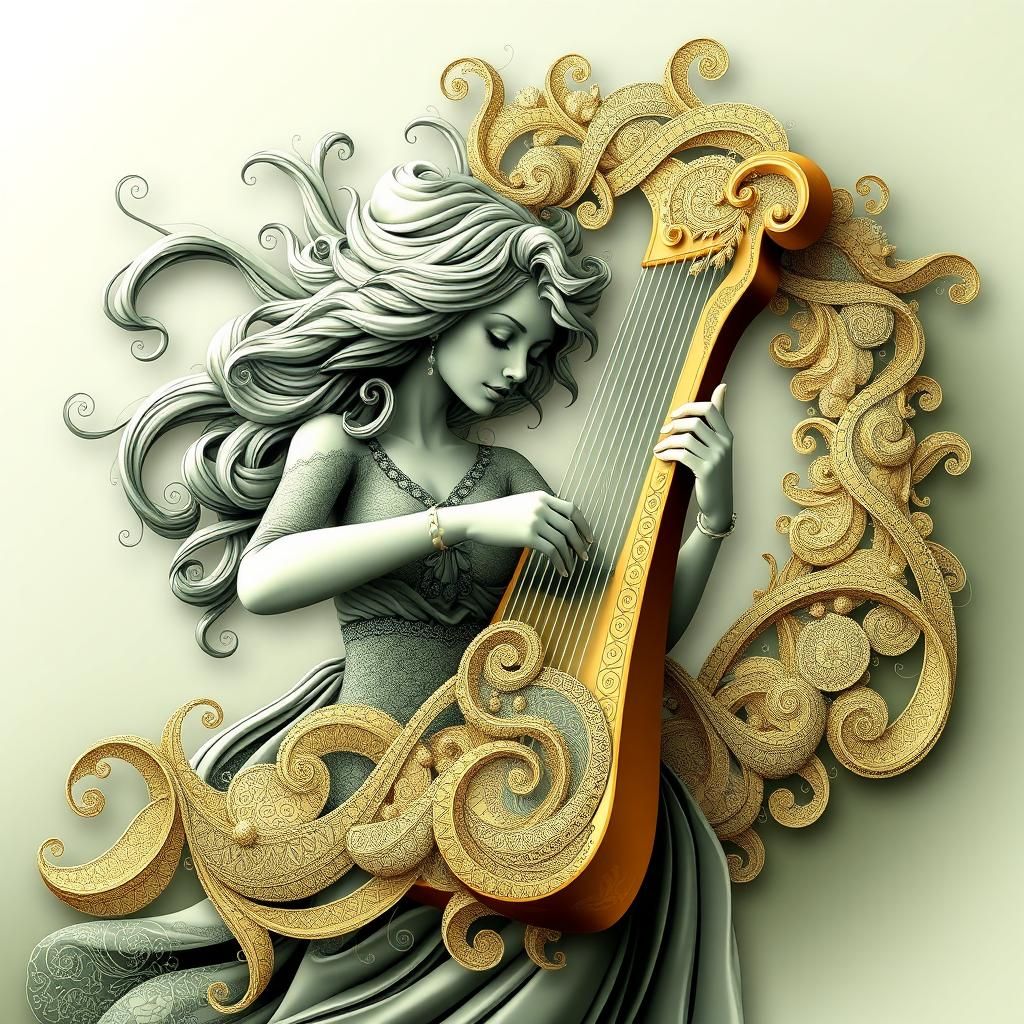 Woman Plays Harp with Abstract Fractal Design